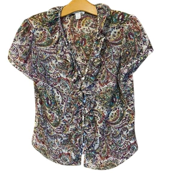LOFT Colorful Paisley Blouse large petite button up cap sleeve Y2K phoebe buffet - Picture 2 of 6